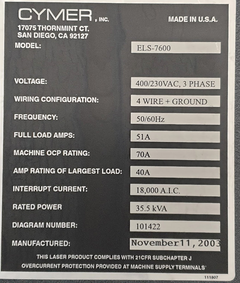 Cymer ELS 7600 Laser