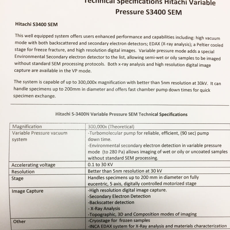 Hitachi S 3400 N Variable Pressure SEM