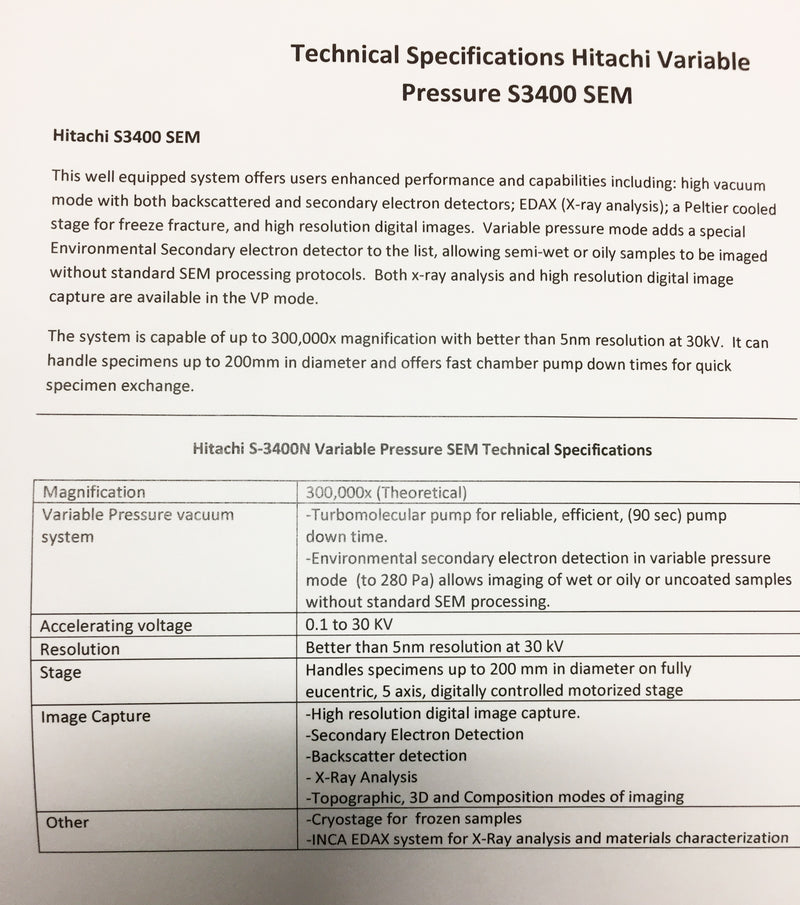 Hitachi S 3400 N Variable Pressure SEM