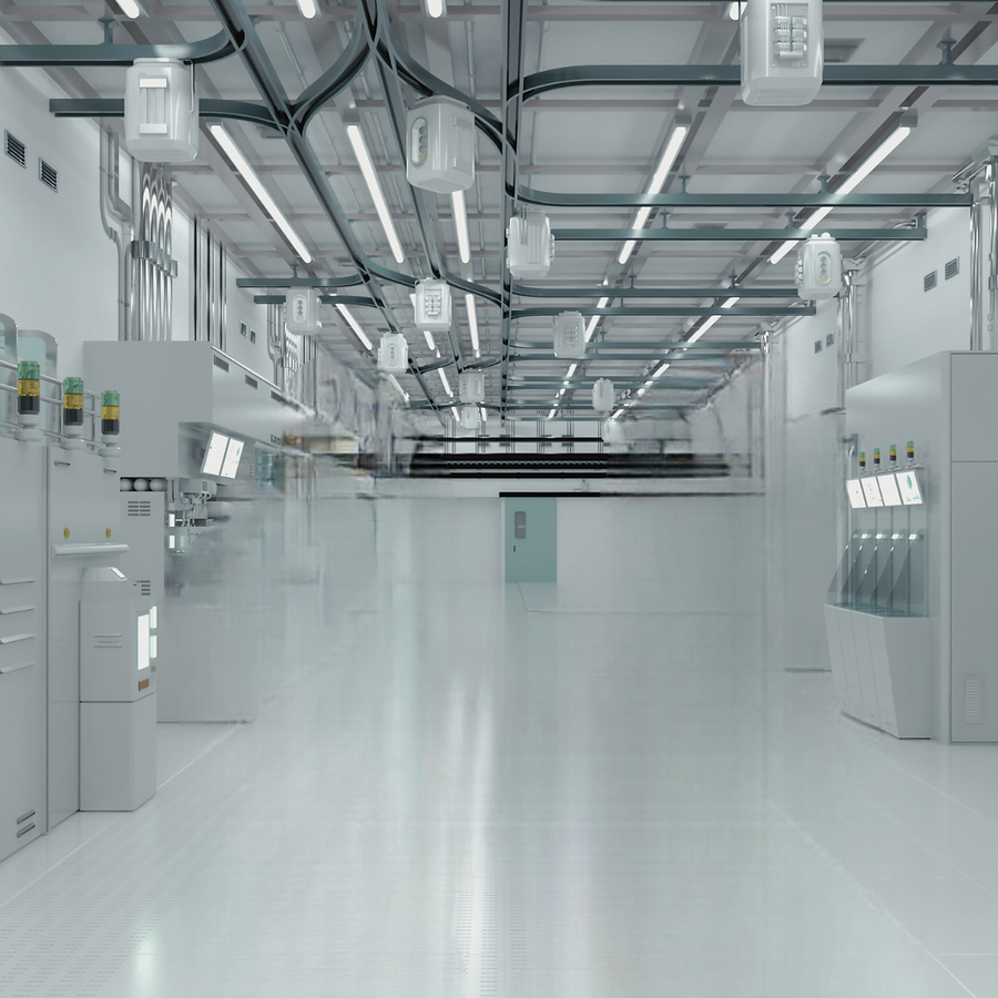 Cleanroom hallway with fab equipment