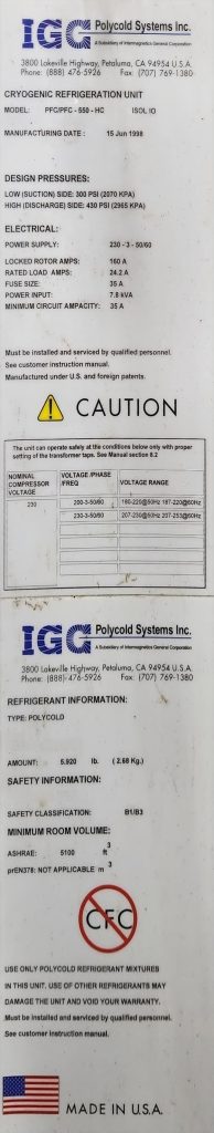 IGC Polycold Systems  PFC 550 HC  Cryogenic Refrigeration Unit  69424 For Sale Online