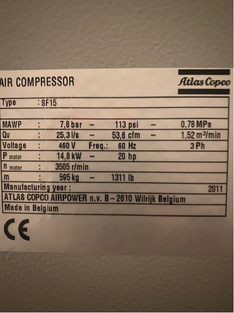 Buy Atlas Copco  SF 15 FF  Compressor  77752